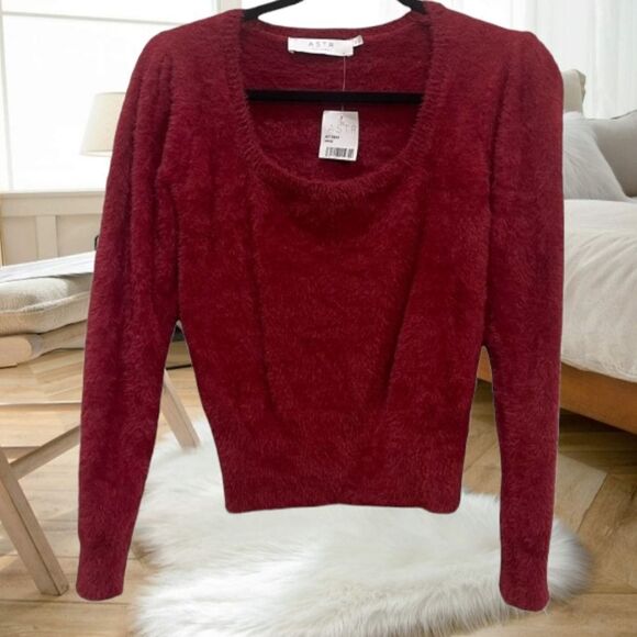 ASTR THE LABEL SQUARE NECK BURGUNDY WINE OX BLOOD FUZZY EYELASH SWEATER XL - Picture 12 of 16